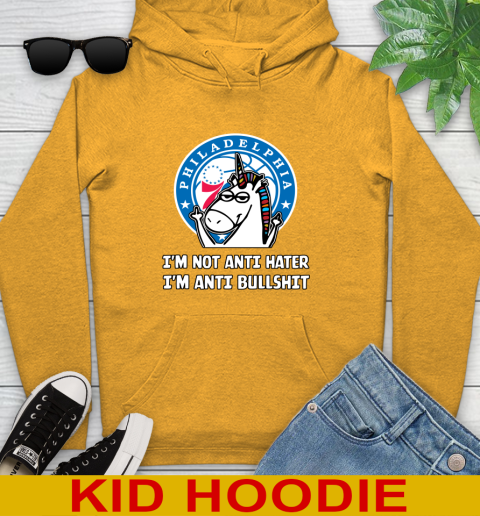Philadelphia 76ers NBA Basketball Unicorn I'm Not Anti Hater I'm Anti Bullshit Youth Hoodie - Image 4