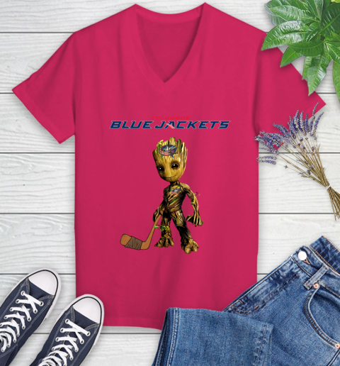 Columbus Blue Jackets NHL Hockey Groot Marvel Guardians Of The Galaxy Women's V-Neck T-Shirt 9