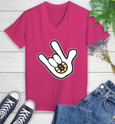 Boston Bruins NHL Hockey Mickey Rock Hand Disney Women's V-Neck T-Shirt 9