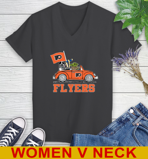 NHL Hockey Philadelphia Flyers Darth Vader Baby Yoda Driving Star Wars Shirt Women's V-Neck T-Shirt 9