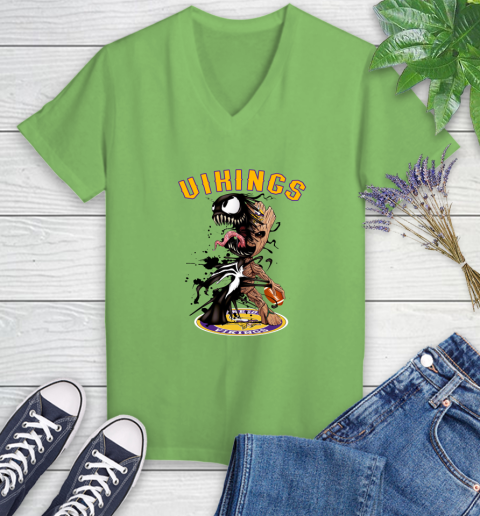 NFL Minnesota Vikings Football Venom Groot Guardians Of The Galaxy Women's V-Neck T-Shirt 11
