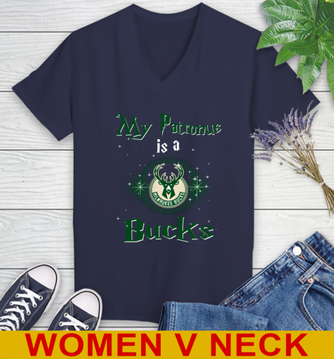 NBA Basketball Harry Potter My Patronus Is A Milwaukee Bucks Women's V-Neck T-Shirt 12