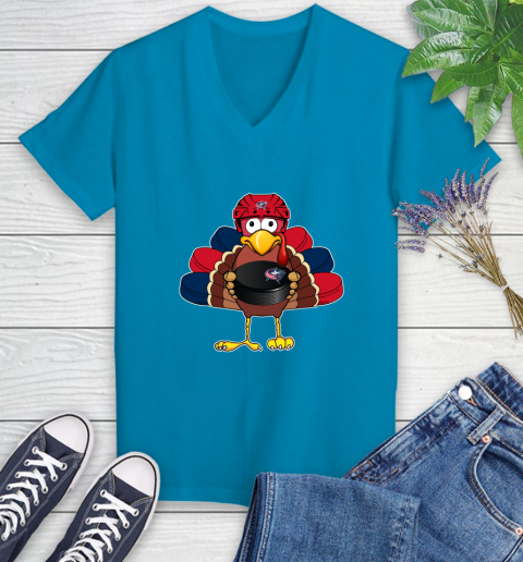 Columbus Blue Jackets Turkey Thanksgiving Day Women's V-Neck T-Shirt 7