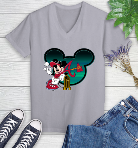 MLB Atlanta Braves The Commissioner's Trophy Mickey Mouse Disney Women's V-Neck T-Shirt 4