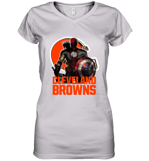 NFL Captain America Thor Spider Man Hawkeye Avengers Endgame Football Cleveland Browns Women's V-Neck T-Shirt