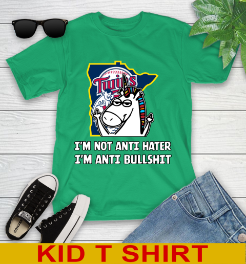 Minnesota Twins MLB Baseball Unicorn I'm Not Anti Hater I'm Anti Bullshit Youth T-Shirt 6