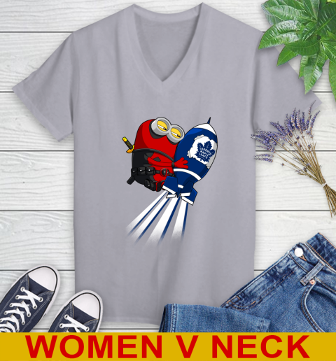 NHL Hockey Toronto Maple Leafs Deadpool Minion Marvel Shirt Women's V-Neck T-Shirt 4