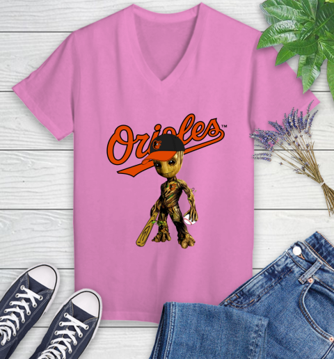 MLB Baltimore Orioles Groot Guardians Of The Galaxy Baseball Women's V-Neck T-Shirt 14