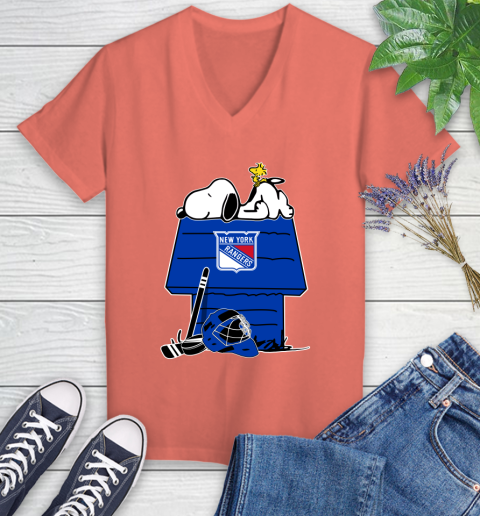 New York Rangers NHL Hockey Snoopy Woodstock The Peanuts Movie Women's V-Neck T-Shirt 6