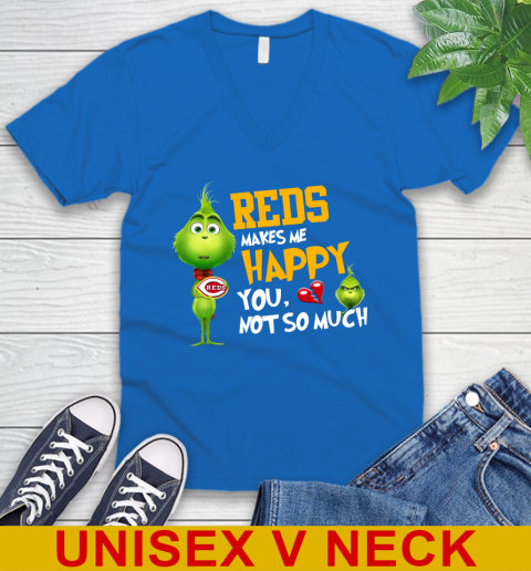 MLB Cincinnati Reds Makes Me Happy You Not So Much Grinch Baseball Sports V-Neck T-Shirt 5
