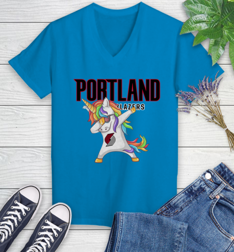 Portland Trail Blazers NBA Basketball Funny Unicorn Dabbing Sports Women's V-Neck T-Shirt 7