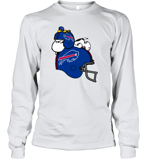 izdv snoopy and woodstock resting on buffalo bills helmet youth long sleeve 50 front white