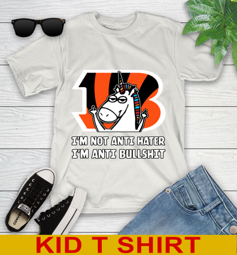 Cincinnati Bengals NFL Football Unicorn I'm Not Anti Hater I'm Anti Bullshit Youth T-Shirt 12