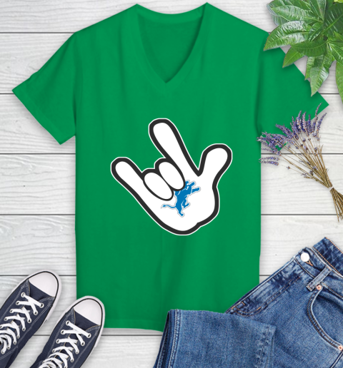 Detroit Lions NFL Football Mickey Rock Hand Disney Women's V-Neck T-Shirt 5
