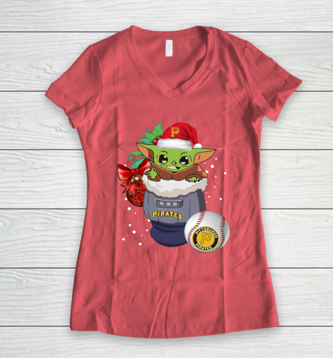 Pittsburgh Pirates Christmas Baby Yoda Star Wars Funny Happy MLB Women's V-Neck T-Shirt 6