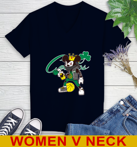 Boston Celtics NBA Basketball Mickey Peace Sign Sports Women's V-Neck T-Shirt 3