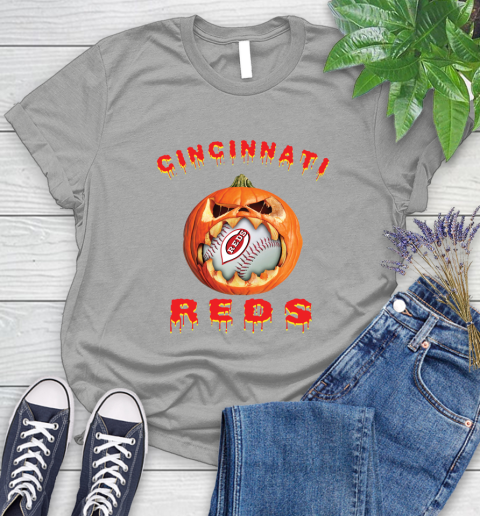MLB Cincinnati Reds Halloween Pumpkin Baseball Sports Women's T-Shirt 10