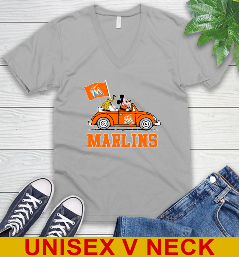 MLB Baseball Miami Marlins Pluto Mickey Driving Disney Shirt V-Neck T-Shirt 4