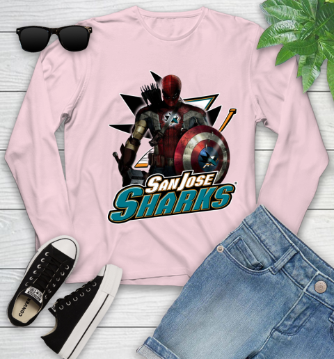 NHL Captain America Thor Spider Man Hawkeye Avengers Endgame Hockey San Jose Sharks Youth Long Sleeve 10