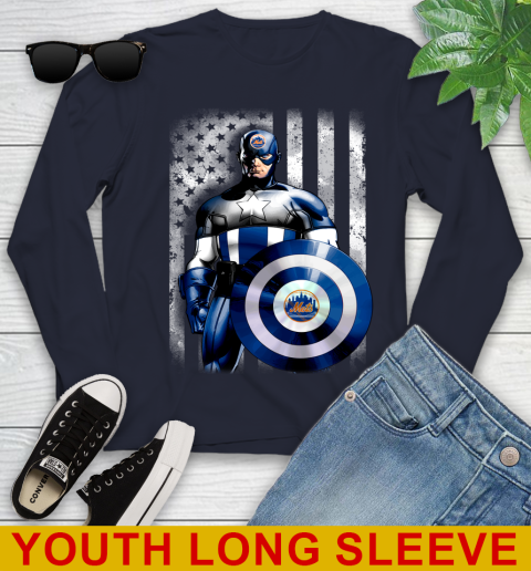 New York Mets MLB Baseball Captain America Marvel Avengers American Flag Shirt Youth Long Sleeve 2