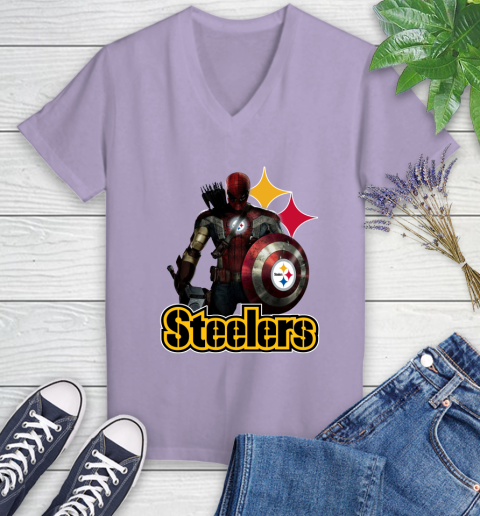 NFL Captain America Thor Spider Man Hawkeye Avengers Endgame Football Pittsburgh Steelers Women's V-Neck T-Shirt 14