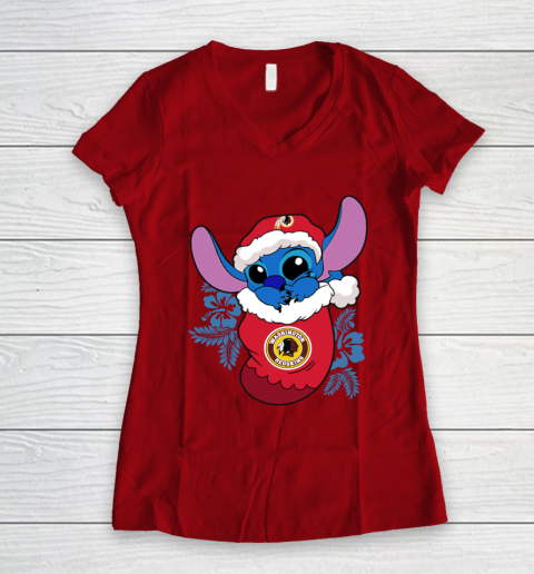 Washington Redskins Christmas Stitch In The Sock Funny Disney NFL Women's V-Neck T-Shirt 10