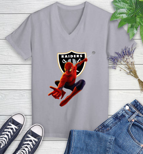 NFL Spider Man Avengers Endgame Football Oakland Raiders Women's V-Neck T-Shirt 4