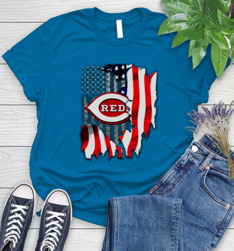 Cincinnati Reds MLB Baseball American Flag Women's T-Shirt 10