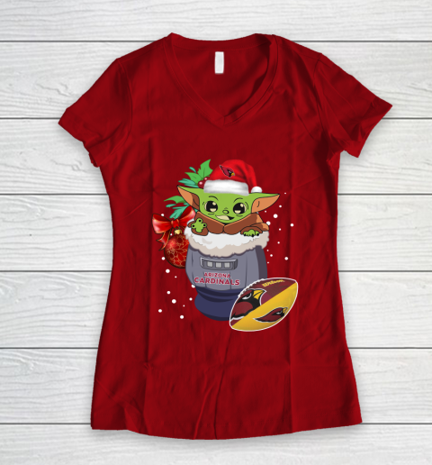 Arizona Cardinals Christmas Baby Yoda Star Wars Funny Happy NFL Women's V-Neck T-Shirt 10