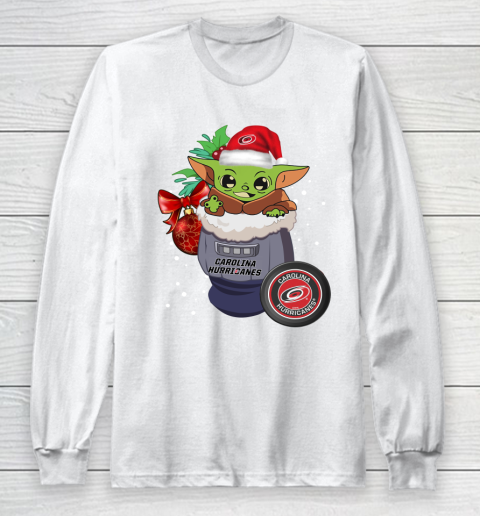 Carolina Hurricanes Christmas Baby Yoda Star Wars Funny Happy NHL Long Sleeve T-Shirt 2