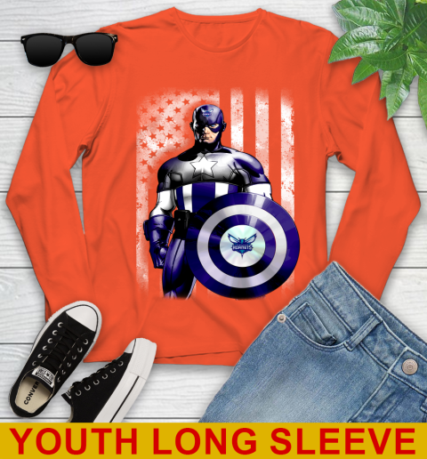 Charlotte Hornets NBA Basketball Captain America Marvel Avengers American Flag Shirt Youth Long Sleeve 3
