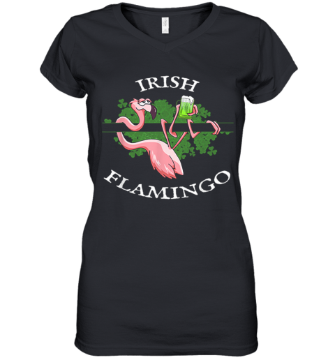 Lazy Irish Flamingo Shamrock Beer Mug St Pattys Day Women's V-Neck T-Shirt