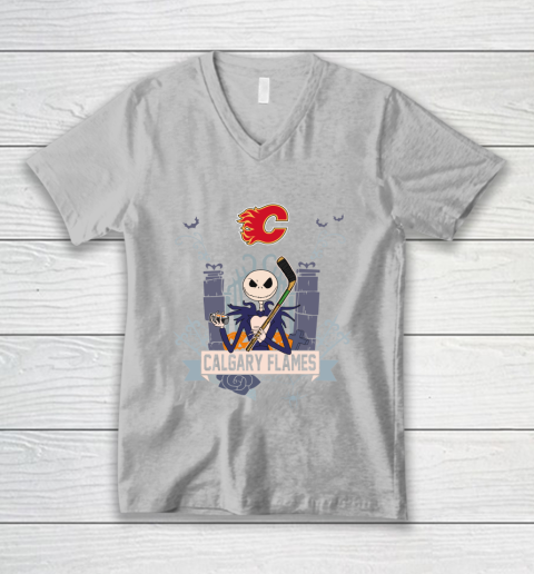 NHL Calgary Flames Hockey Jack Skellington Halloween V-Neck T-Shirt 3