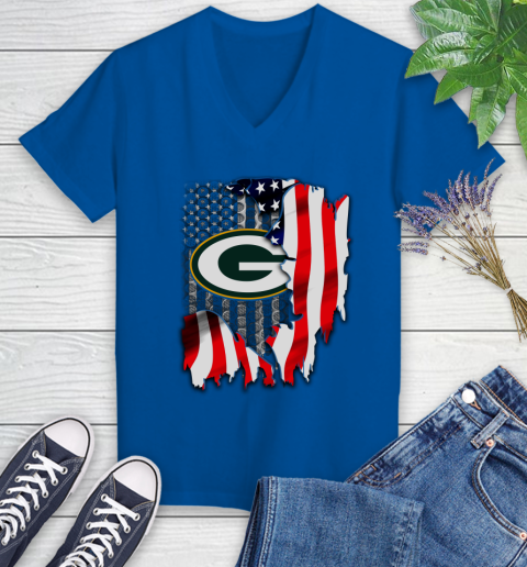 Green Bay Packers NFL Football American Flag Women's V-Neck T-Shirt 10