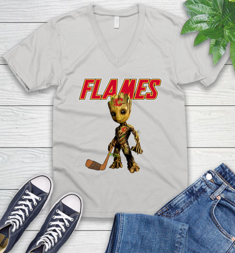 Calgary Flames NHL Hockey Groot Marvel Guardians Of The Galaxy V-Neck T-Shirt