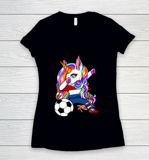 Dabbing Unicorn Netherlands Soccer Fans Jersey Flag Football Women's V-Neck T-Shirt