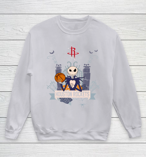 NBA Houston Rockets Basketball Jack Skellington Halloween Youth Sweatshirt 3