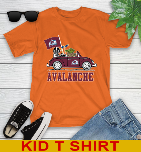 NHL Hockey Colorado Avalanche Darth Vader Baby Yoda Driving Star Wars Shirt Youth T-Shirt 7