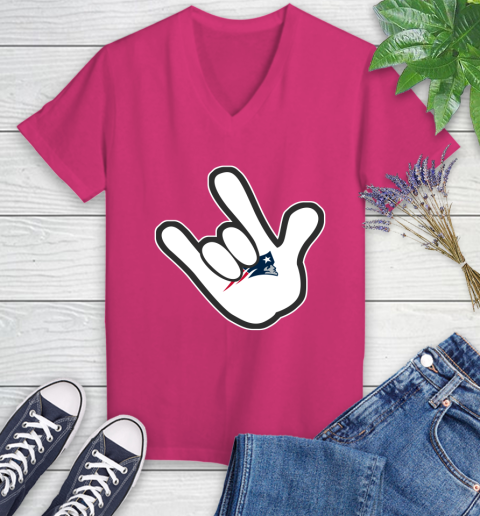 New England Patriots NFL Football Mickey Rock Hand Disney Women's V-Neck T-Shirt 9