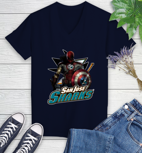 NHL Captain America Thor Spider Man Hawkeye Avengers Endgame Hockey San Jose Sharks Women's V-Neck T-Shirt 3