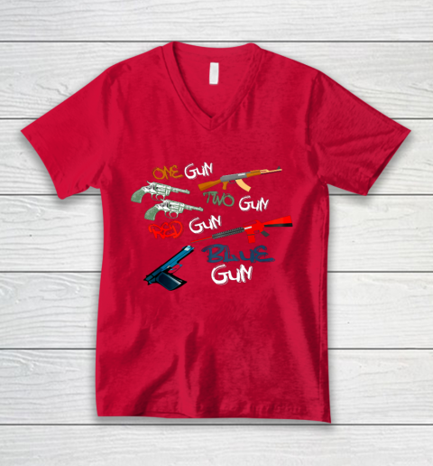 One Gun Two Gun Red Gun Blue Gun Funny V-Neck T-Shirt 6