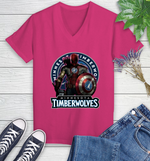 Minnesota Timberwolves NBA Basketball Captain America Thor Spider Man Hawkeye Avengers Women's V-Neck T-Shirt 9