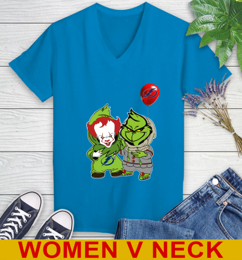 Tampa Bay Lightning Baby Pennywise Grinch Christmas NHL Hockey Women's V-Neck T-Shirt 8