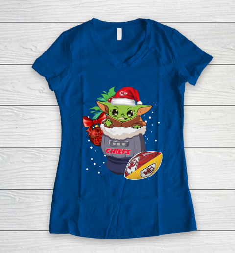 Kansas City Chiefs Christmas Baby Yoda Star Wars Funny Happy NFL Women's V-Neck T-Shirt 9