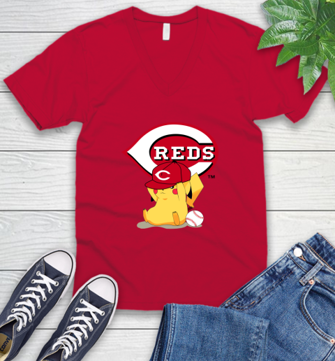 MLB Pikachu Baseball Sports Cincinnati Reds V-Neck T-Shirt 7