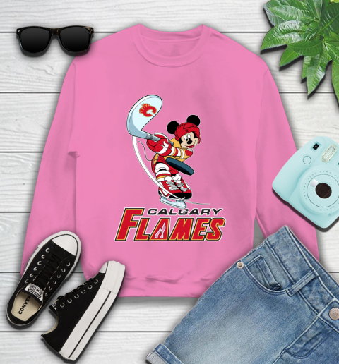 NHL Hockey Calgary Flames Cheerful Mickey Mouse Shirt Youth Sweatshirt 7 NHL Hockey Calgary Flames Cheerful Mickey Mouse Shirt Youth Sweatshirt - Image 7