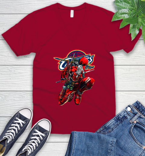 NBA Deadpool Marvel Comics Sports Basketball Cleveland Cavaliers V-Neck T-Shirt 8