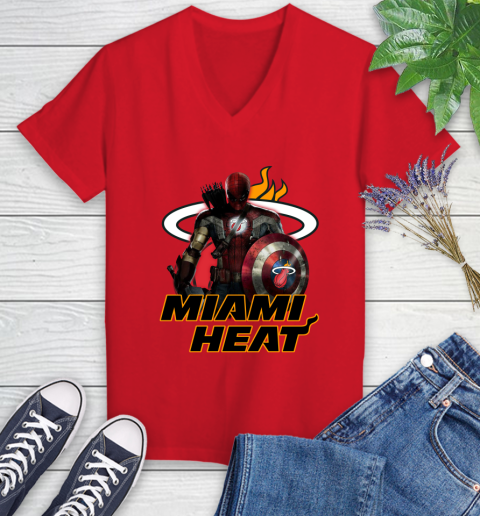 Miami Heat NBA Basketball Captain America Thor Spider Man Hawkeye Avengers Women's V-Neck T-Shirt 12
