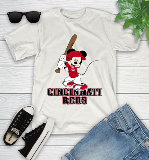 MLB Baseball Cincinnati Reds Cheerful Mickey Mouse Shirt Youth T-Shirt 2