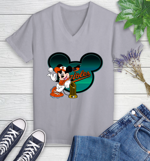 MLB Baltimore Orioles The Commissioner's Trophy Mickey Mouse Disney Women's V-Neck T-Shirt 4
